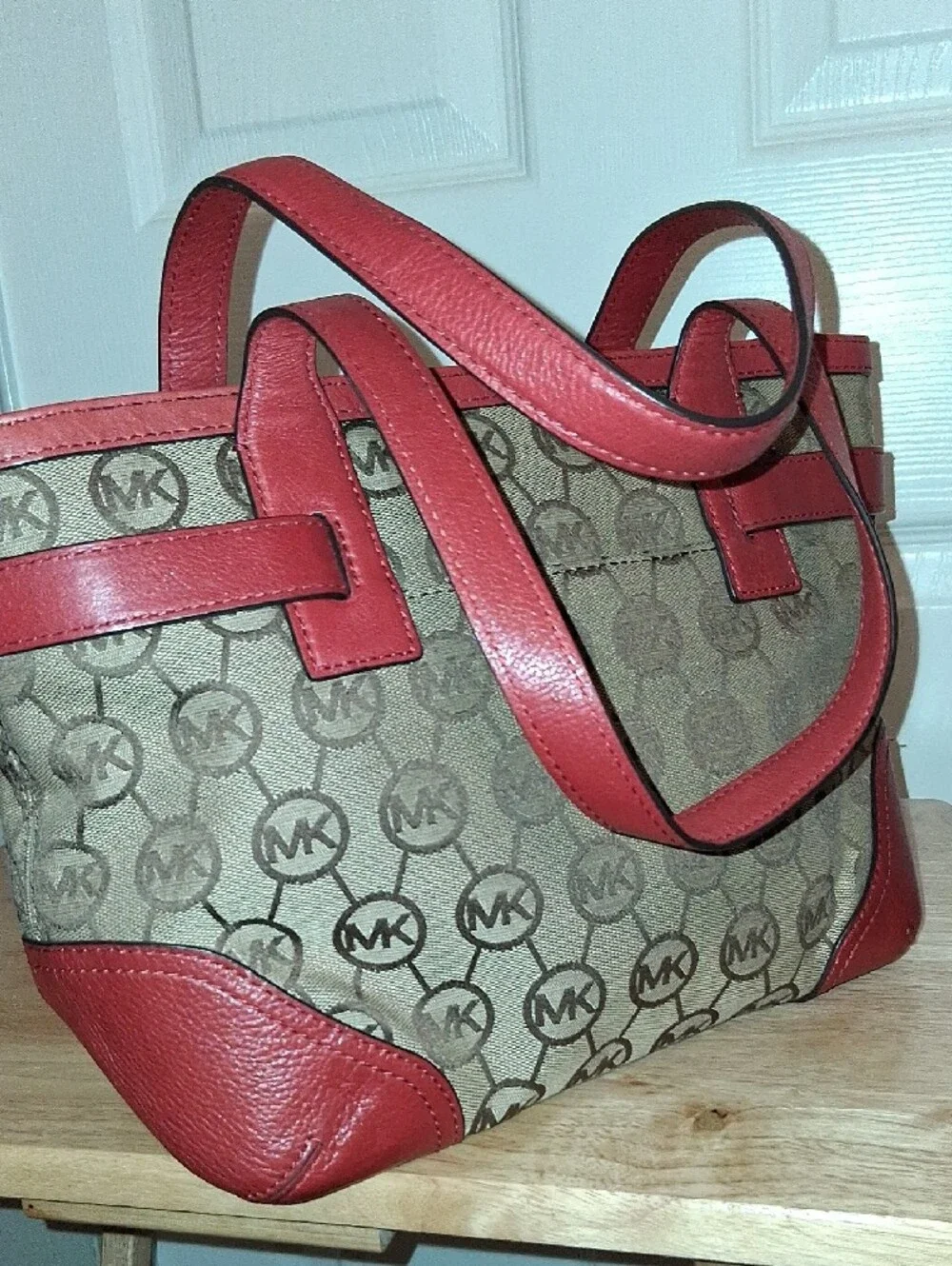 Michael Kors Beige Logo Tote with Red Trim